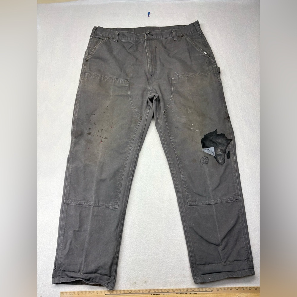 Carhartt B136 GVL Gray Dungaree Double Knee Jean 42x34 Work Fade Distressed Art